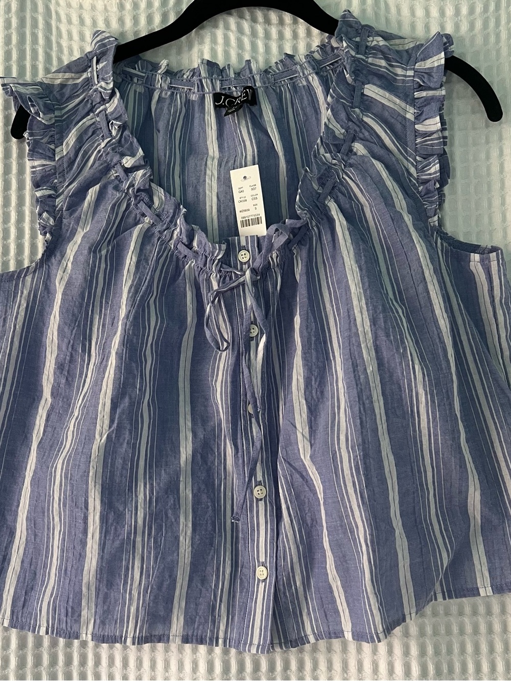 J. Crew Blue and White Striped Ruffle-Trim Sleeveless Camisole